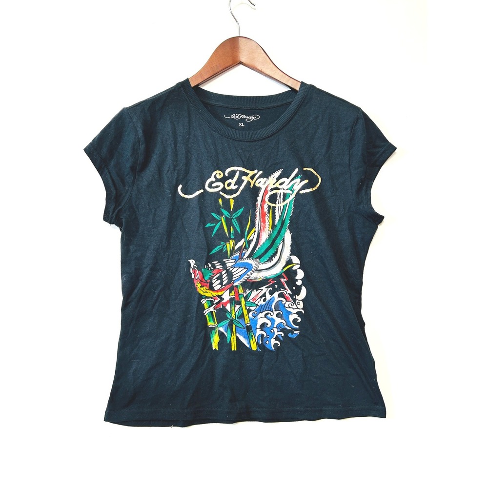 Ed Hardy Womens Black Graphic T-Shirt XL Bird Bamboo Waves Y2K Grunge Hipster